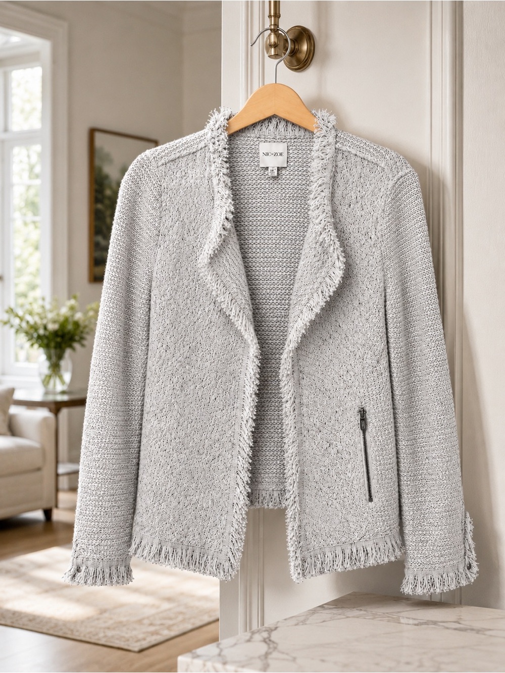 NIC+ZOE Light Gray Fringe-Trim Open Front Cardigan